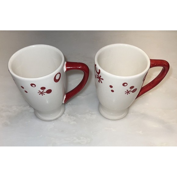 Pier 1 Christmas Coffee Mug Cup Holiday Hand Painted  SET OF 2 Flurry Snowflake - Picture 10 of 10